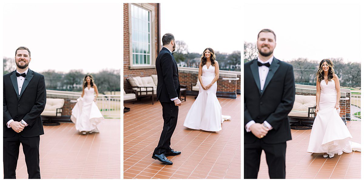Bride and groom first look at the Colonial Country Club captured by Brittany Partain, a DFW Wedding Photographer. 