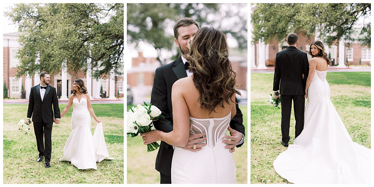 Bride and groom walking the ground at The Colonial Country Club, captured by Brittany Partain, a Fort Worth wedding photographer. 