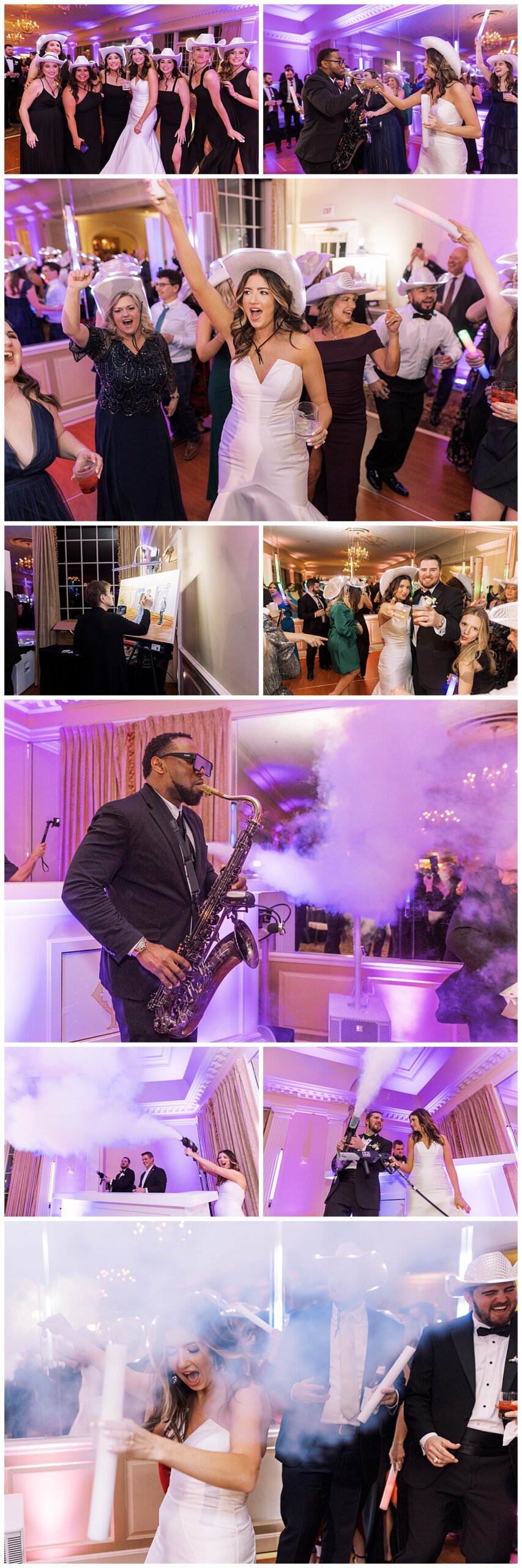 Bride and groom party at the wedding reception with smoke machine and saxophone player at The Colonial Country Club in Fort Worth, TX