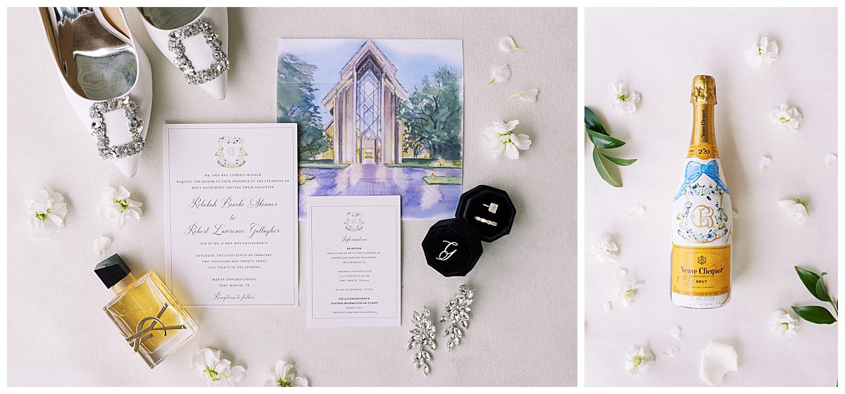 Wedding invitation and custom champagne bottle for a Luxury Wedding at the Colonial Country Club in Fort Worth, Texas captured by Brittany Partain, a Fort Worth Wedding Photographer.
