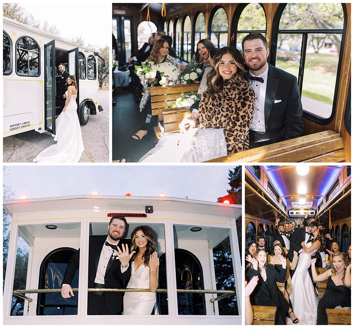 Bride and groom take a party bus to the wedding reception in Fort Worth, Texas. 