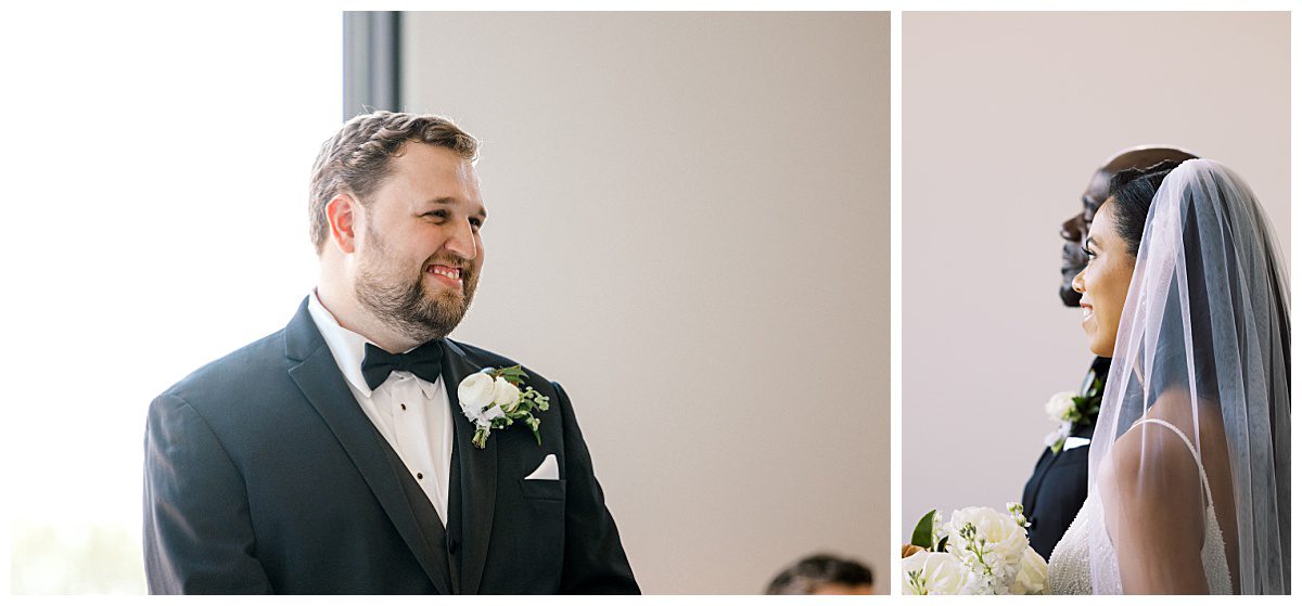 Bride and groom see each other down the aisle at their wedding ceremony at The Union House captured by Brittany Partain, a Dallas Wedding Photographer.