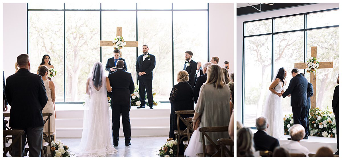 Father gives bride away during wedding ceremony at The Union House captured by Brittany Partain, a Fort Worth Wedding Photographer.