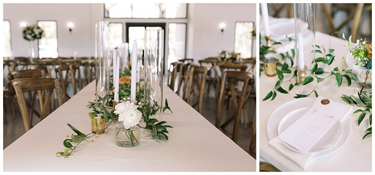 Wedding table decorations with greenery and candles for a sophisticated wedding at The Union House near Fort Worth, TX captured by Brittany Partain, a Fort Worth Wedding Photographer.