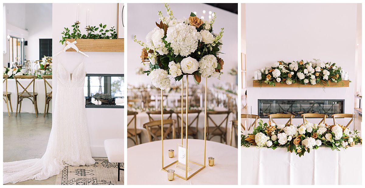 White, gold and green wedding florals wedding decor at The Union House, a modern wedding venue near Dallas, TX captured by Brittany Partain, a DFW Wedding Photographer.