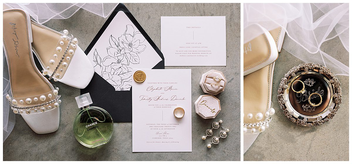 Wedding invitation, wedding shoes and rings for a sophisticated wedding at The Union House near Dallas, TX captured by Brittany Partain, a Dallas Wedding Photographer.