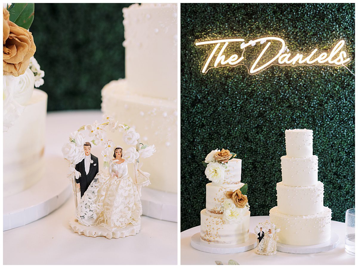 Sophisticated white wedding cake with pearl and floral details captured by Brittany Partain, a Dallas Wedding Photographer. 