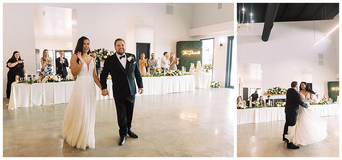 Bride and groom enter wedding reception at The Union House near Dallas, Texas, captured by Brittany Partain, a Dallas Wedding Photographer. 