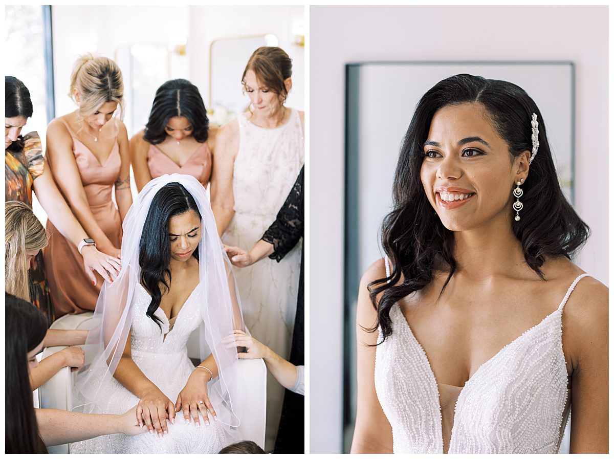 Bridal party praying over the bride before the ceremony as she's getting ready, captured by Brittany Partain, a DFW Wedding Photographer. 