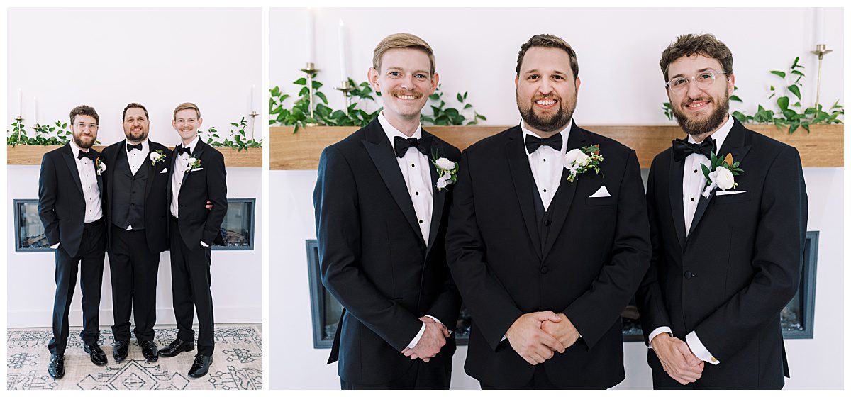 Groom and groomsmen in black tuxedos at The Union House captured by Brittany Partain, a Dallas Wedding Photographer. 
