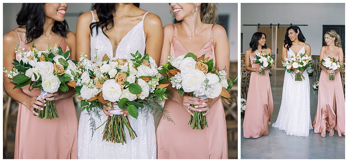 Bride and bridesmaids in pink satin dresses at The Union House, a modern wedding venue outside Fort Worth, TX captured by Brittany Partain. a Fort Worth Wedding Photographer. 
