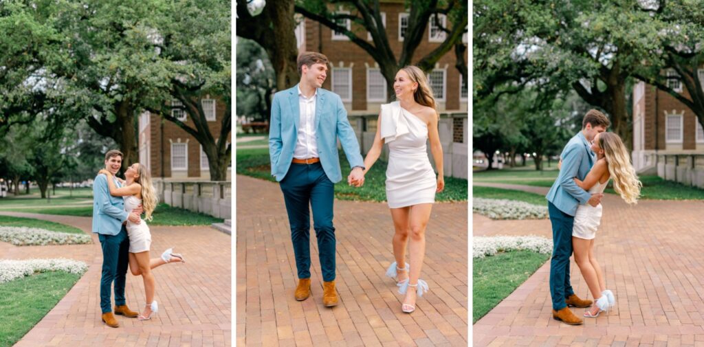 Couple poses for engagement session at SMU perkins chapel