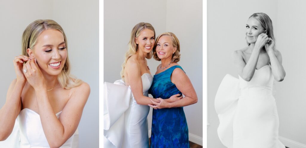 mother of the bride helping daughter with wedding dress