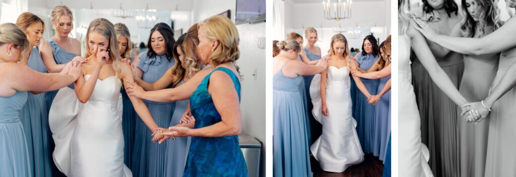 bride with bridesmaids praying before ceremony
