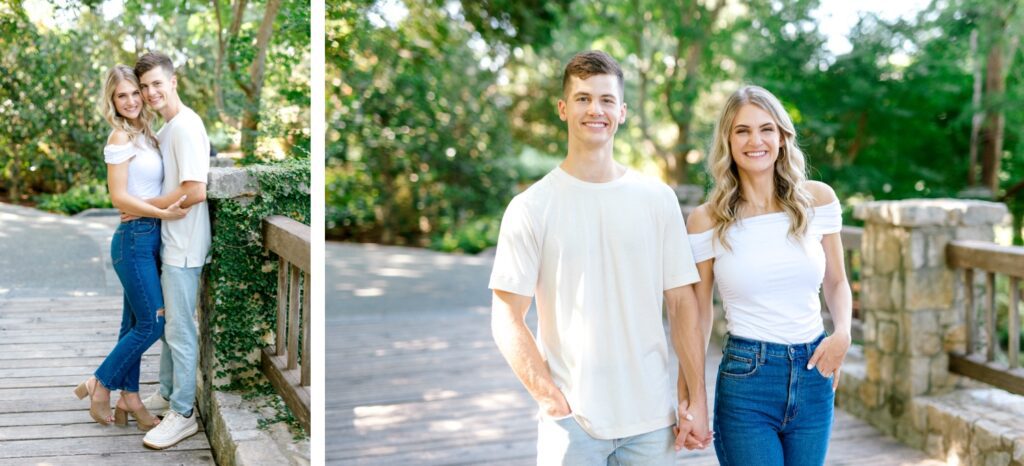 Couple in white tees and jeans in July for engagement session