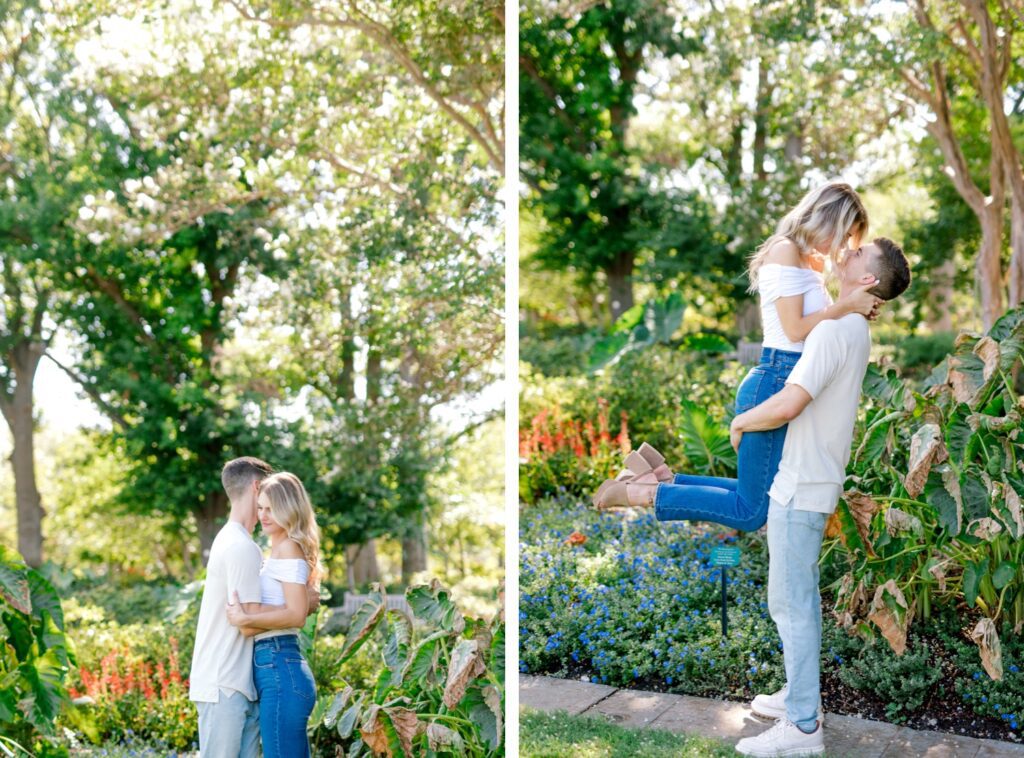 Couple in white tees and jeans in July for engagement session