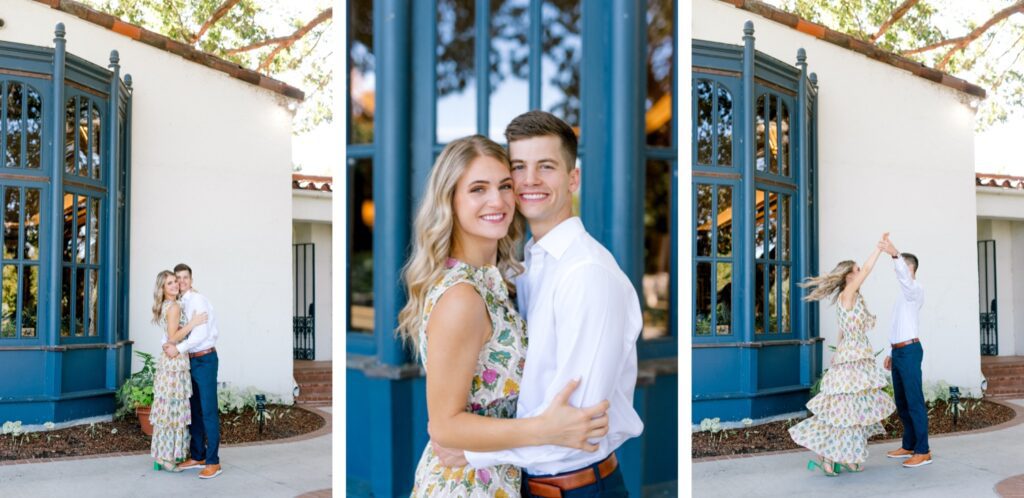 Couple poses for engagement photos at the Dallas Arboretum 